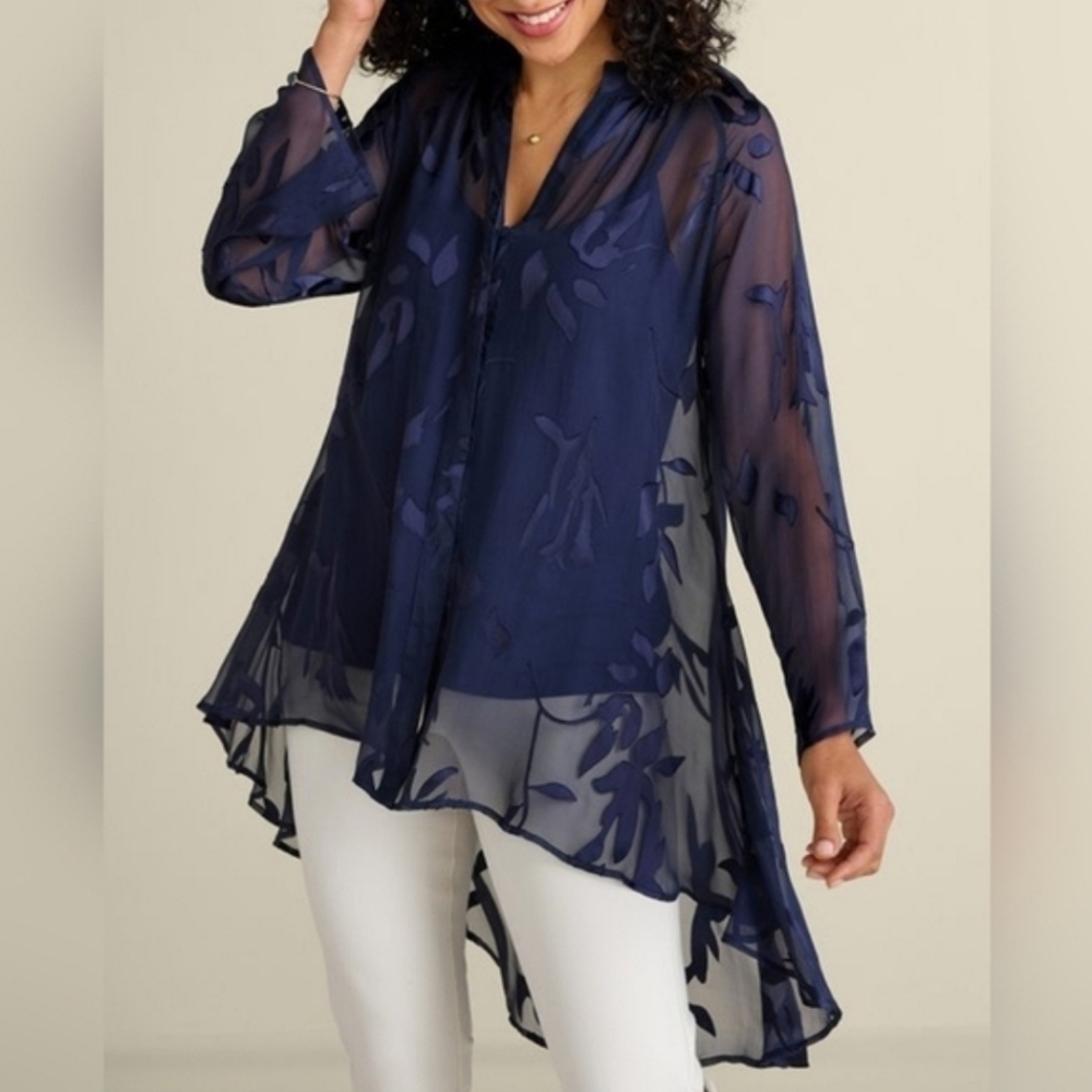 Soft Surroundings Silk Shirt Convertible Long Sheer Floral Flowy Boho Size XL - Picture 11 of 11